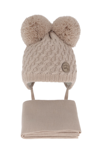 Meisjes winter set muts en sjaal, beige, met twee pompons garen, met bindkoorden, Anava