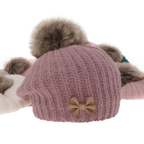 Meisjes winter set muts en buissjaal, grijs, met garen pompon, Polinezja