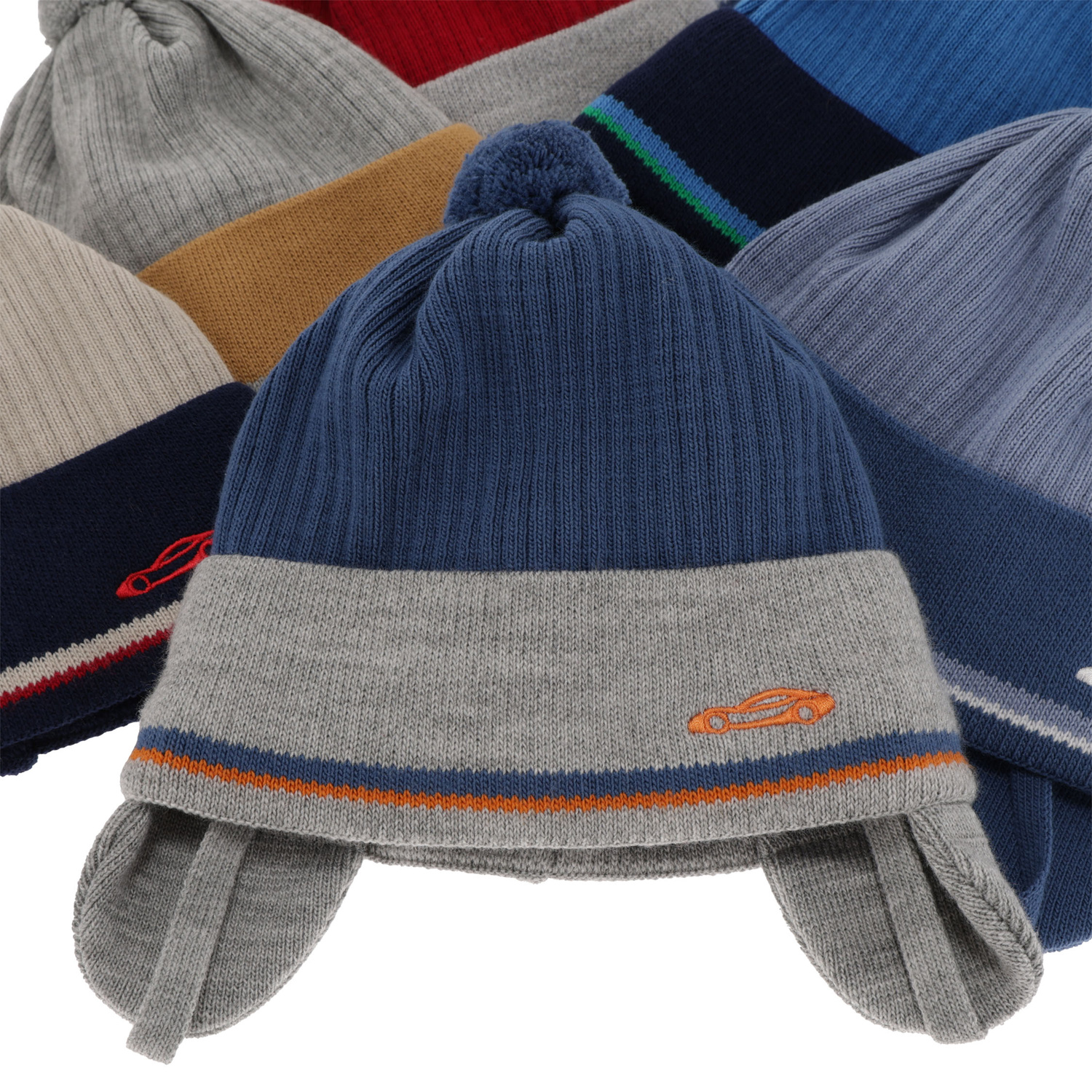 Jongens herfst/lente muts, grijs, met bindkoorden, met garen pompon, Jacob