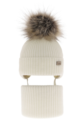 Meisjes winter set, kremowy, met bindkoorden, met garen pompon, Bria