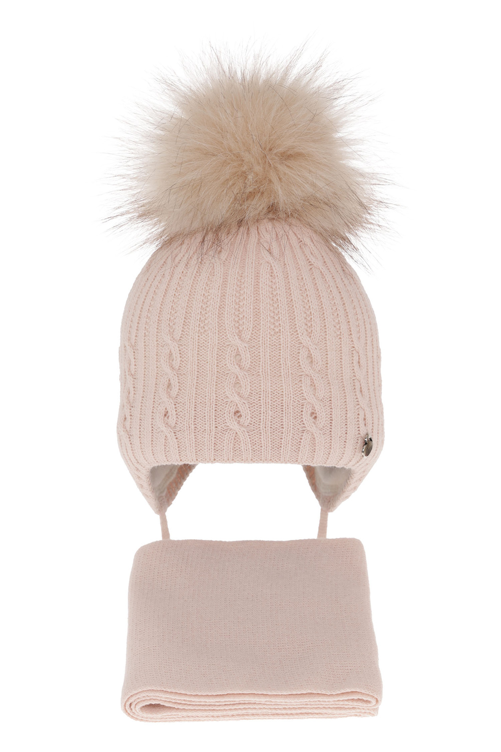 Meisjes winter set muts en sjaal, beige, met garen pompon, Amana