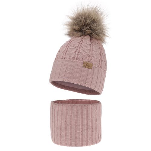 Meisjes winter set muts en buissjaal, roze, met garen pompon, Tanzania