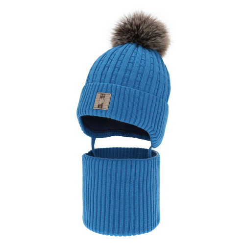 Jongens winter set muts en sjaal, blauw, met garen pompon, Fiamanto