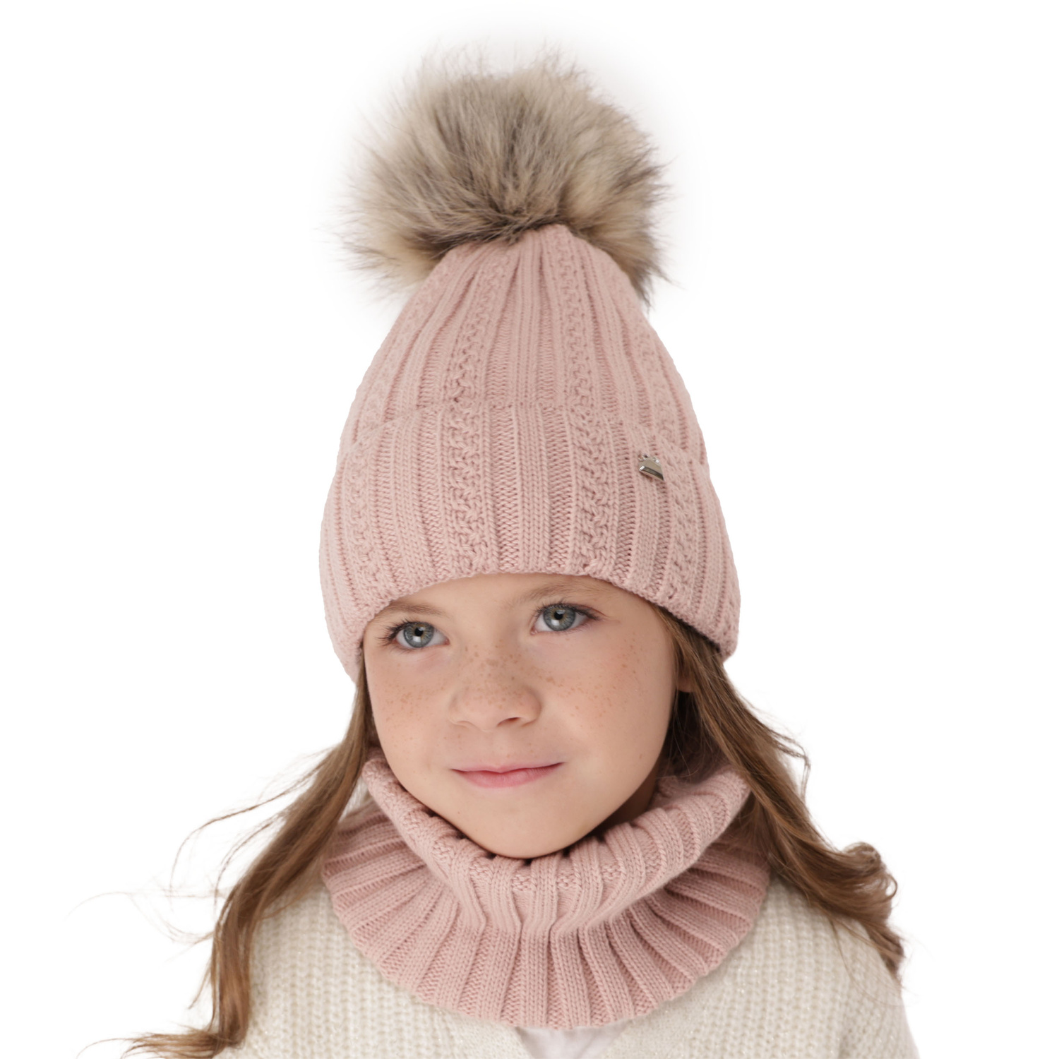 Meisjes winter set muts en buissjaal, wit, met garen pompon, Wirginia
