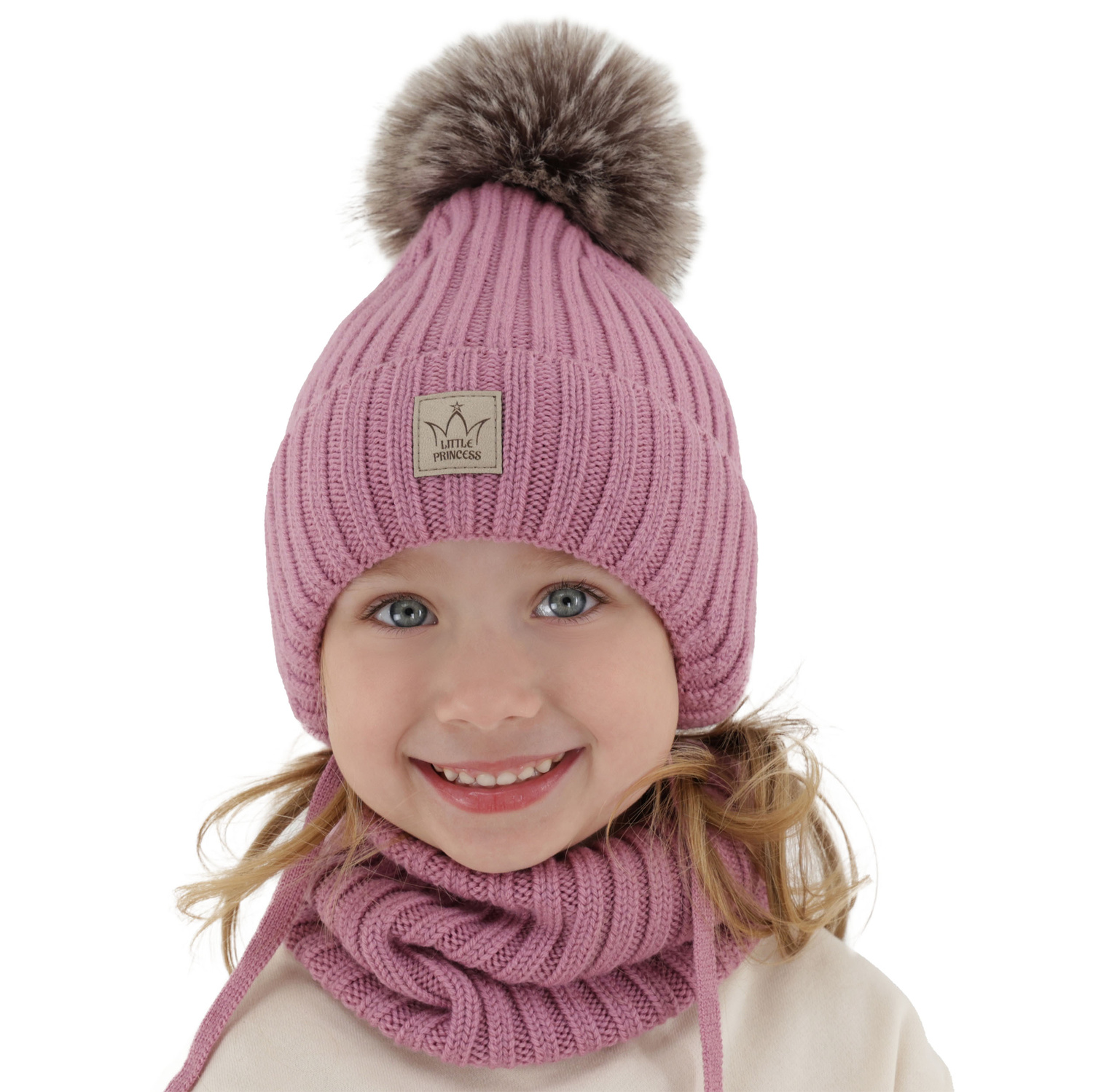 Meisjes winter set muts en buissjaal, grijs, 100% Merino Wol, met bindkoorden, gevoerd met wolpolaar, Martina