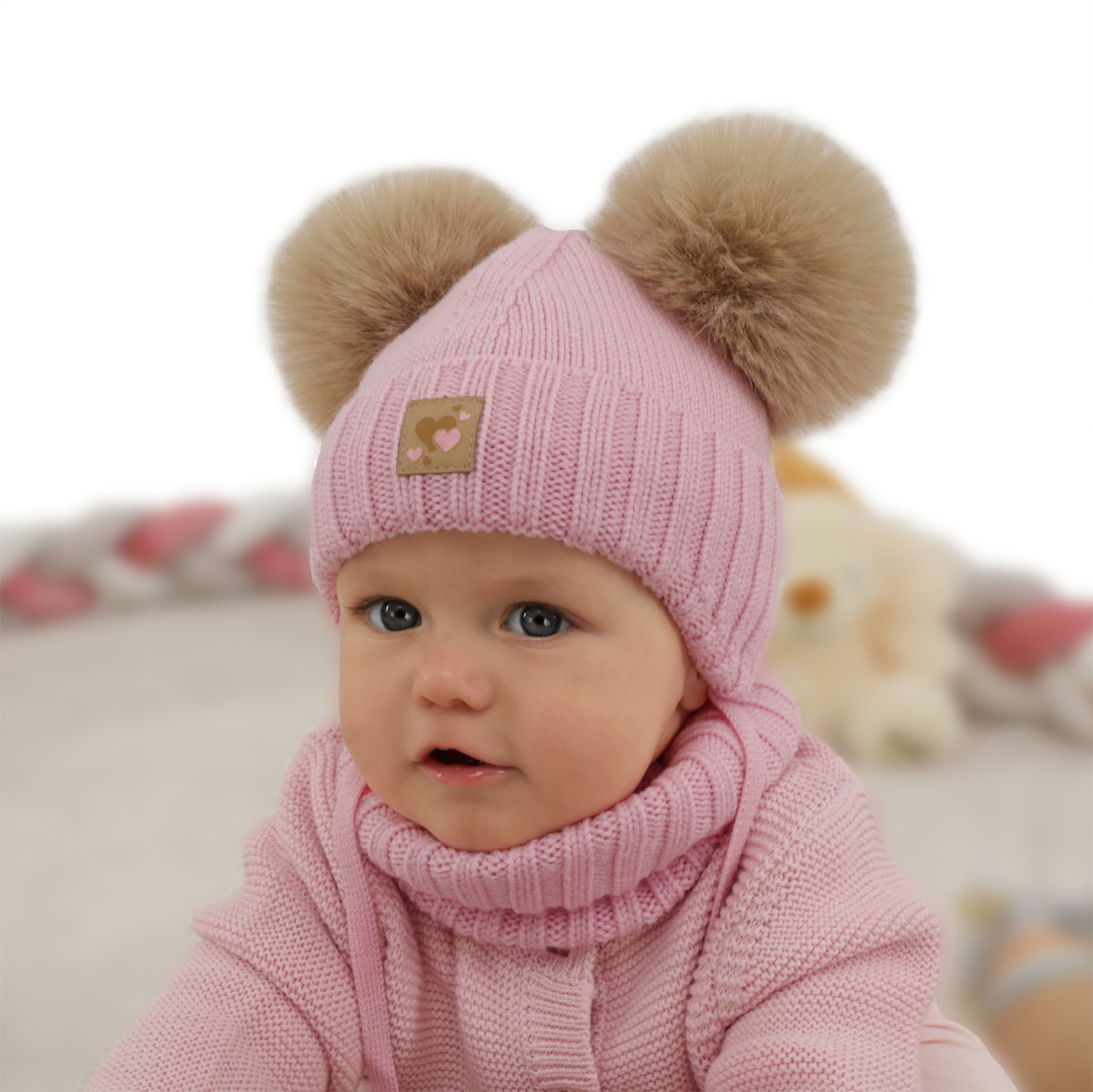 Tyttöjen pipo ja kauluri, talvi setti, beige, 100% merinovillaa, vuorattu villafleeceellä, Ronia