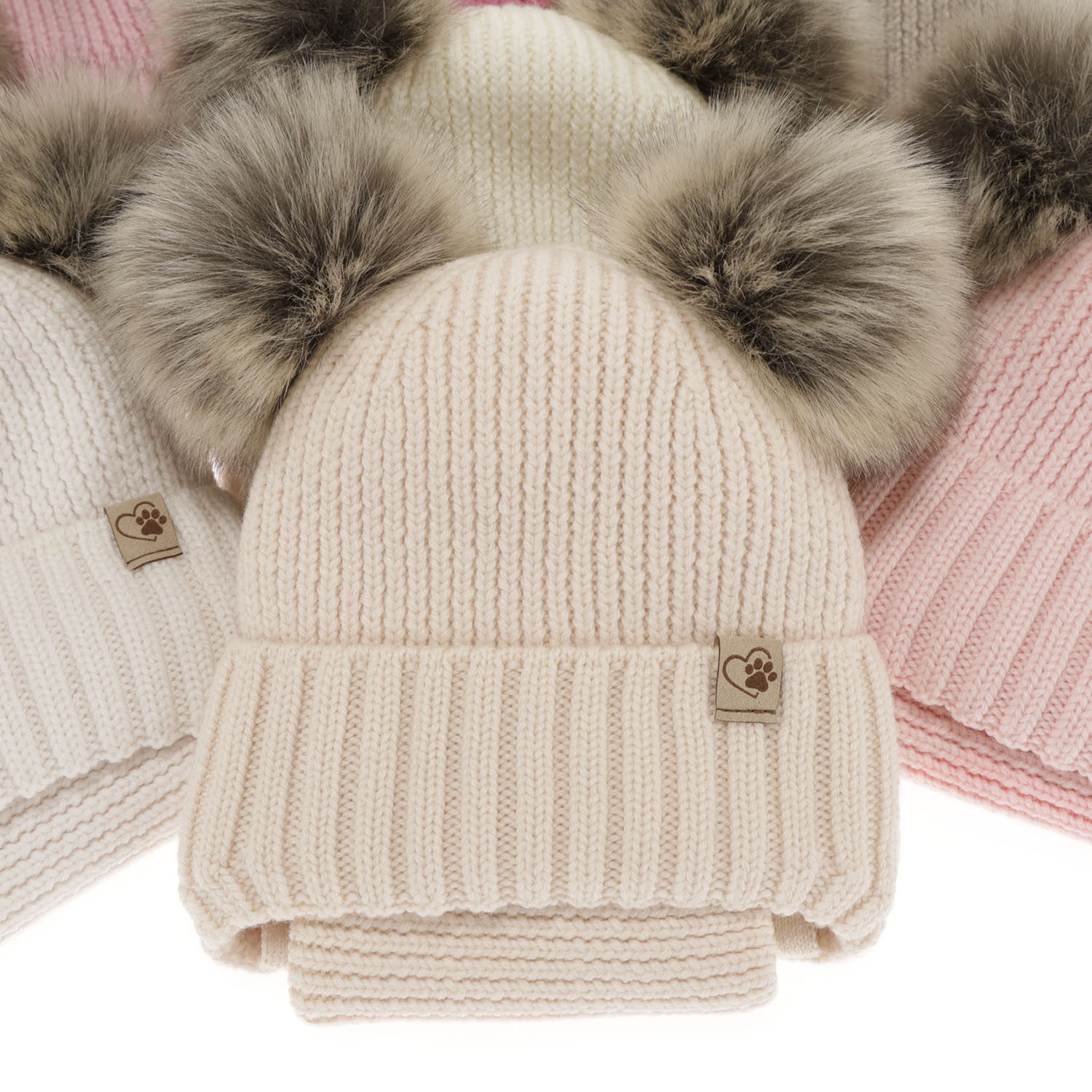 Meisjes winter set muts en buissjaal, beige, 100% merinovilla, met bindkoorden, met twee pompons, Silvia