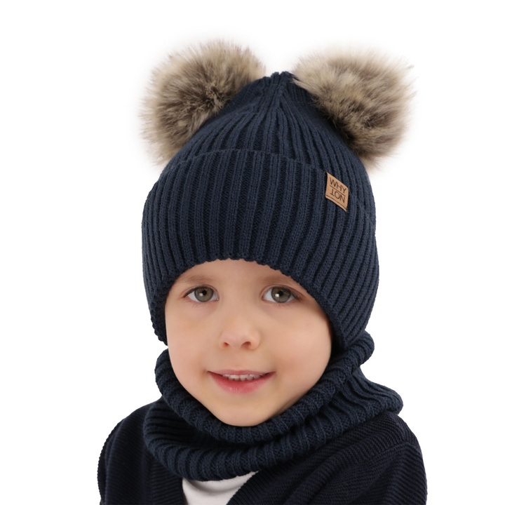 Jongens winter set, marineblauw, met twee pompons, Oxford