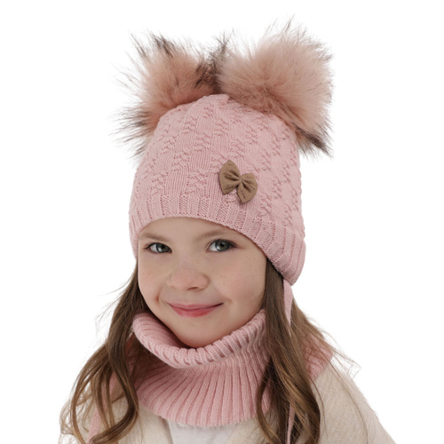 Meisjes winter set muts en buissjaal, roze, met twee pompons garen, met bindkoorden, Bettina