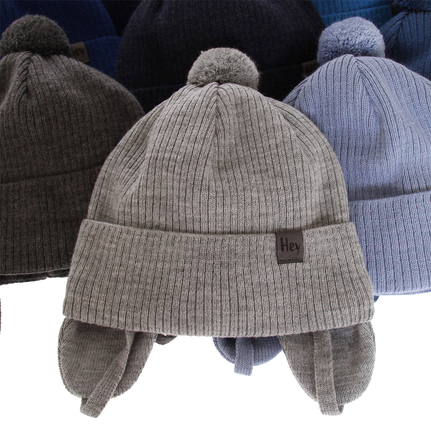 Jongens herfst/lente muts, blauw, met garen pompon, met bindkoorden, Axel