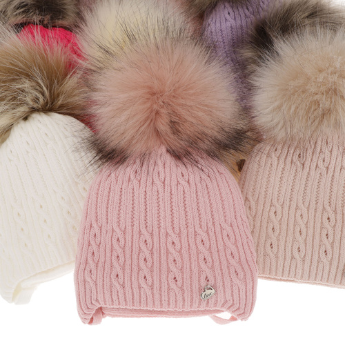 Meisjes winter set muts en sjaal, roze, met garen pompon, Amana