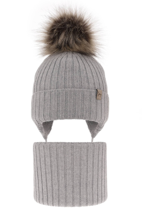 Meisjes winter set muts en buissjaal, grijs, 100% Merino Wol, met bindkoorden, Junika