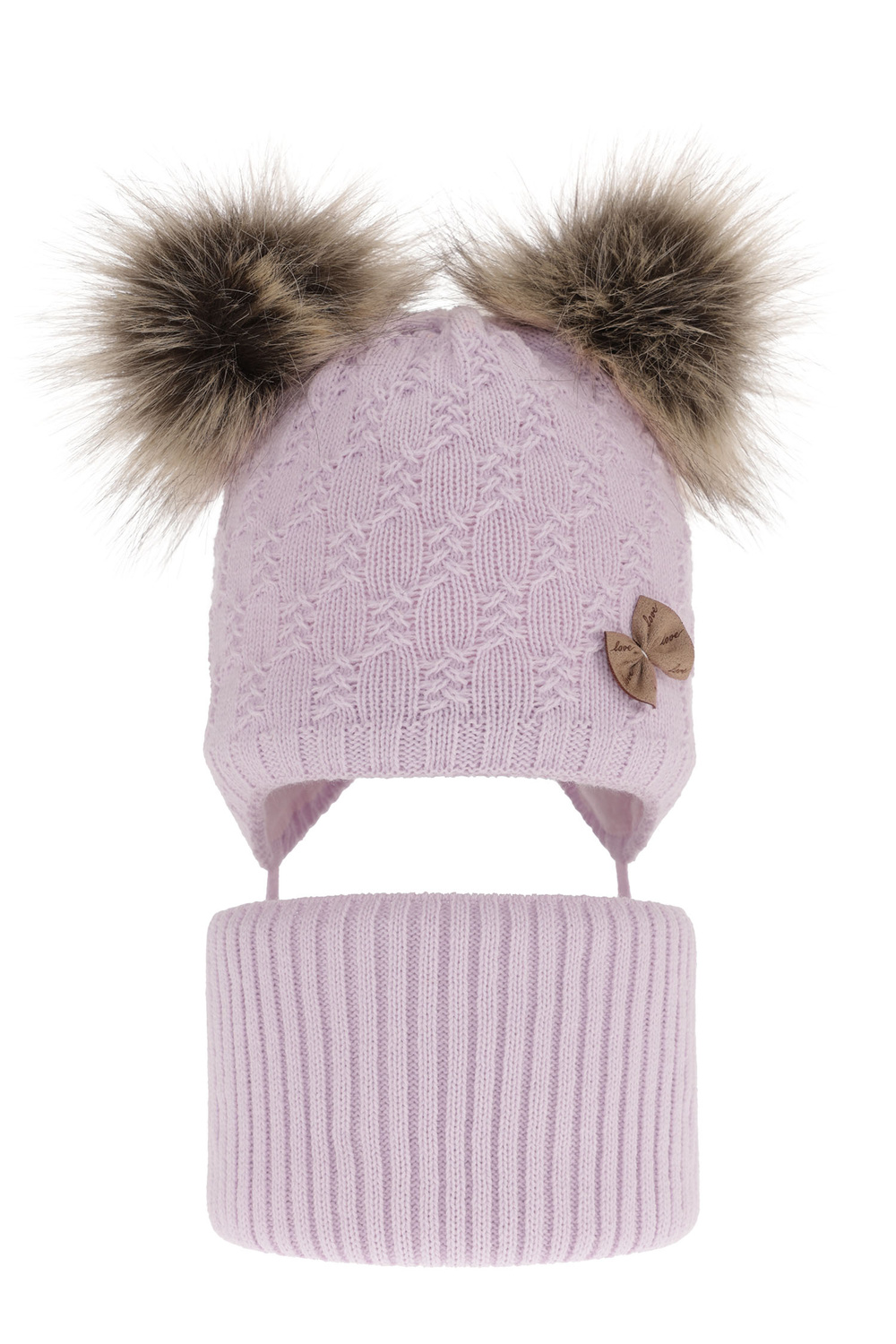 Meisjes winter set muts en buissjaal, lila, met twee pompons garen, met bindkoorden, Bettina