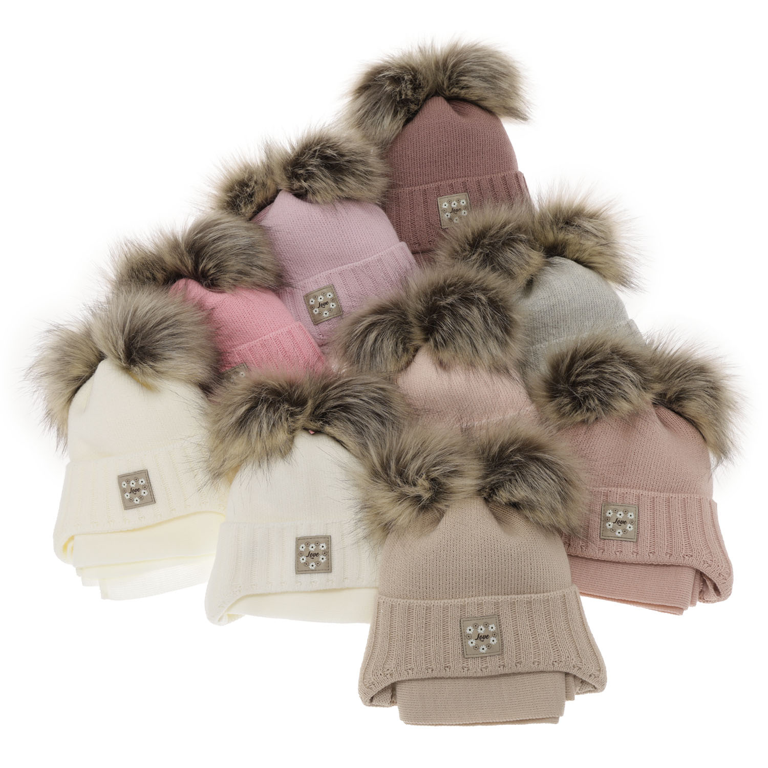 Meisjes winter set muts en sjaal, grijs, met twee pompons, Jazz
