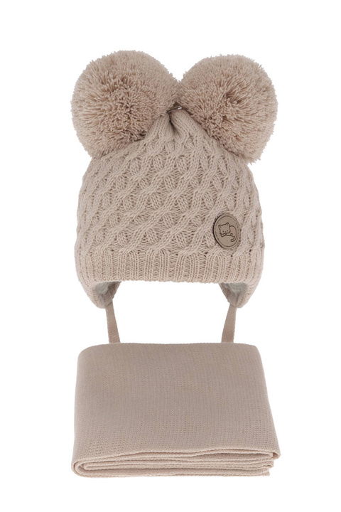 Meisjes winter set muts en sjaal, beige, met twee pompons garen, met bindkoorden, Anava