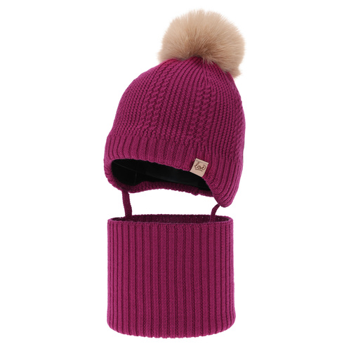 Tyttöjen talvisetti (pipo ja putkihuivi), amarantti, 100% Merinovilla, villahupparivuorilla, nauhoilla Danielle