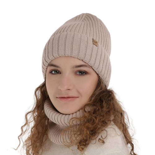 Meisjes winter set muts en buissjaal, beige, met merinowol, Mesalia