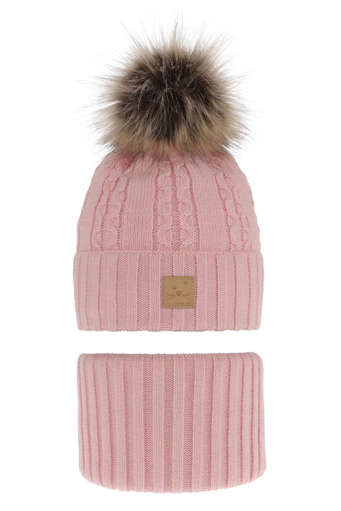 Meisjes winter set muts en buissjaal, roze, met garen pompon, Alexia