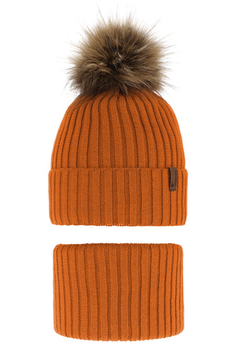Jongens winter set muts en buissjaal, oranje, met garen pompon, Onyks