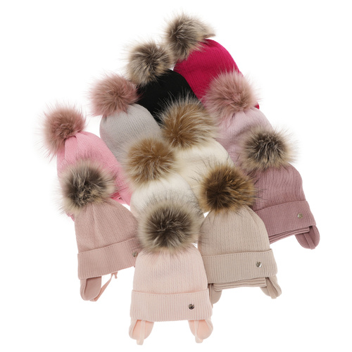 Meisjes winter set muts en buissjaal, paars, met bindkoorden, met garen pompon, Debra