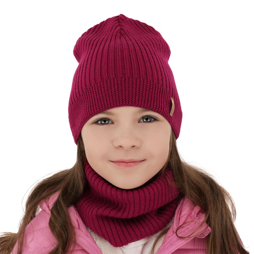 Meisjes herfst/lente set muts en buissjaal, amarant, 100% Merino Wol, Chelsie