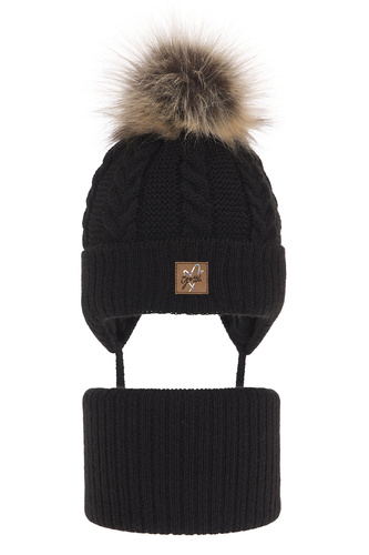 Meisjes winter set, zwart, met garen pompon, met bindkoorden, Finess