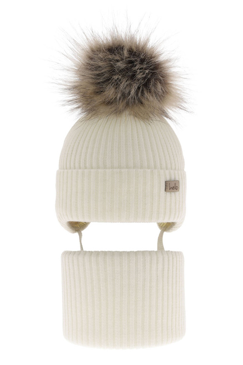 Meisjes winter set, kremowy, met bindkoorden, met garen pompon, Bria