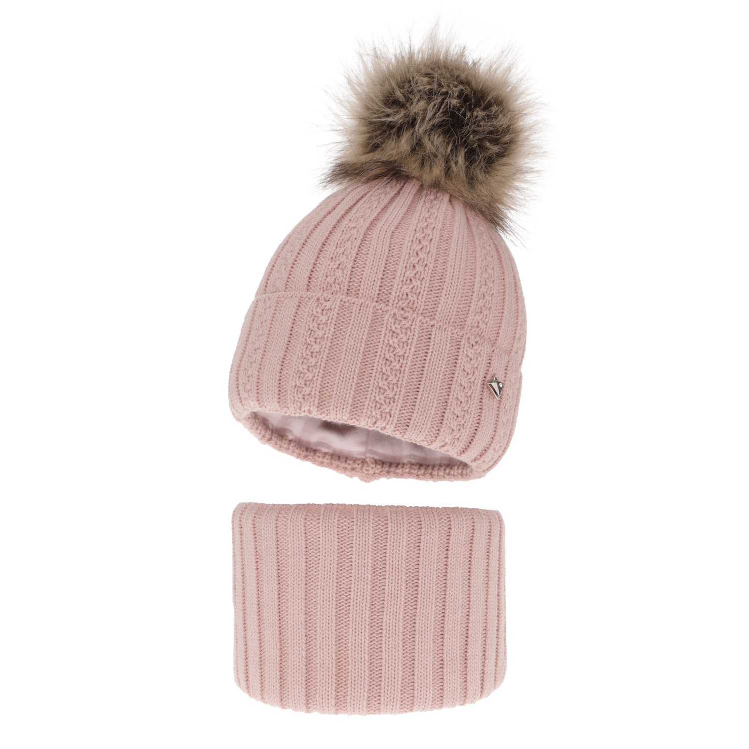 Meisjes winter set muts en buissjaal, roze, met garen pompon, Wirginia