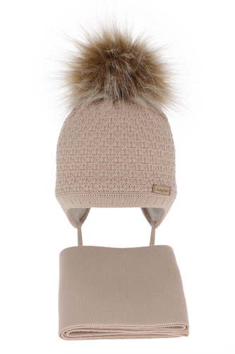Meisjes winter set, beige, met garen pompon, Clotilde