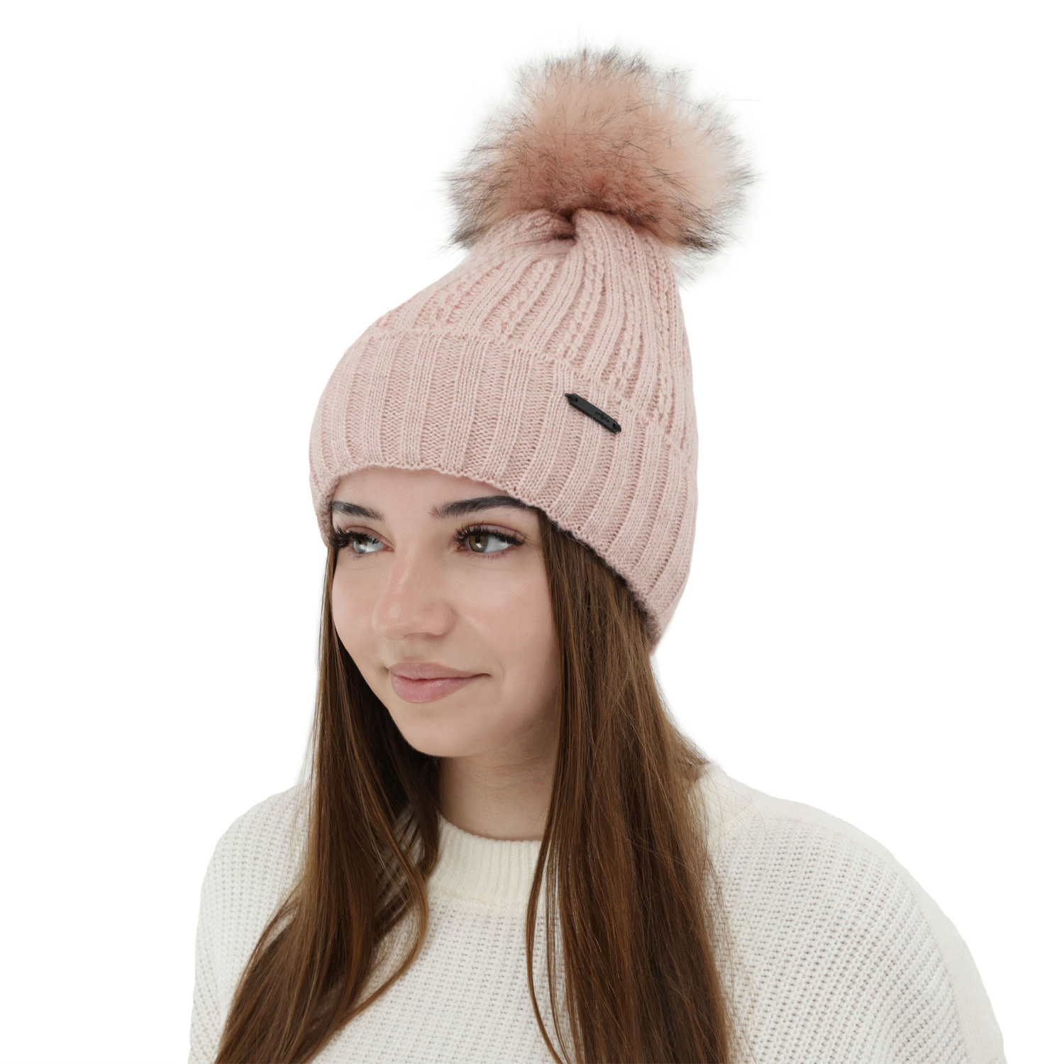 Dames wintermuts, roze, met garen pompon, Karizma