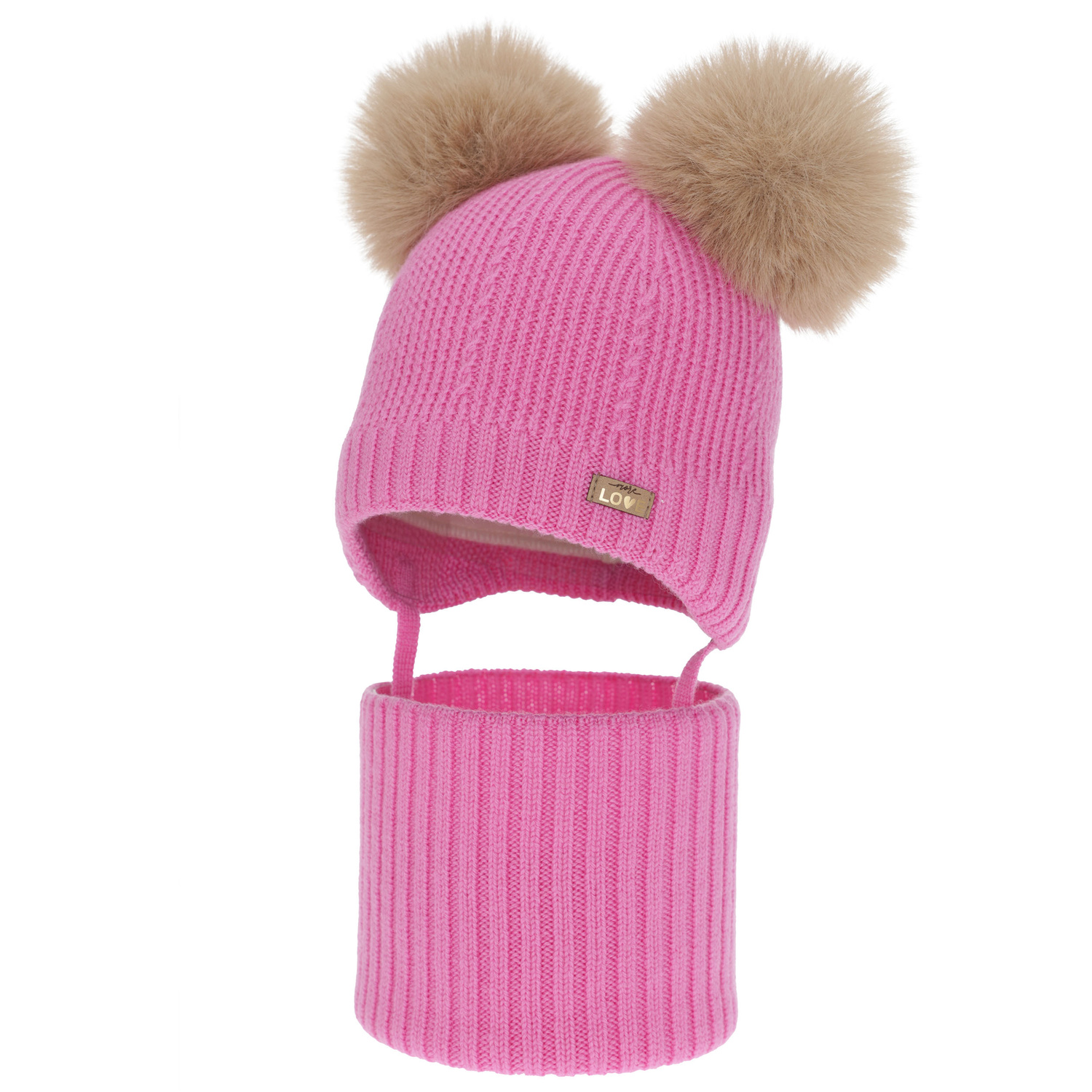 Tyttöjen pipo ja kauluri, talvi setti, vaaleanpunainen, 100% merinovillaa, vuorattu villafleeceellä, Lumia