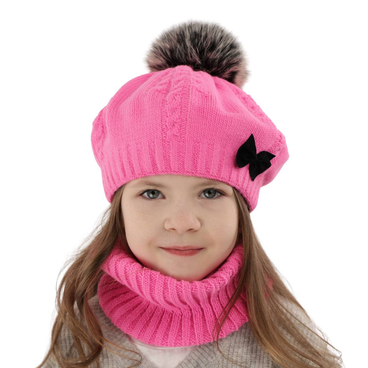 Meisjes winter set, roze, met garen pompon, Amora