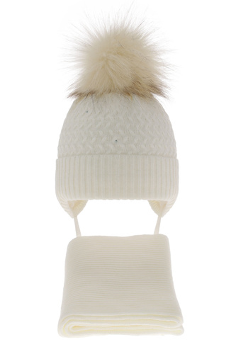 Meisjes winter set muts en sjaal, kremi, met garen pompon, met bindkoorden, Zelta