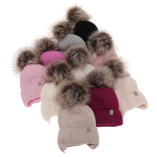 Meisjes winter set muts en buissjaal, grijs, 100% Merino Wol, met bindkoorden, Junika