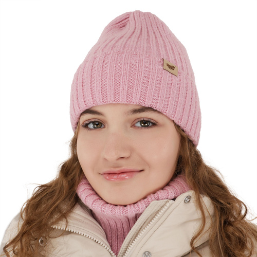 Meisjes winter set muts en buissjaal, roze, met merinowol, Karmina