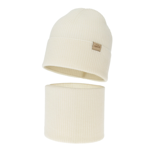 Tyttöjen syys/kevät setti: pipo ja putkihuivi, kremowy, 100% Merinovilla, Magenta