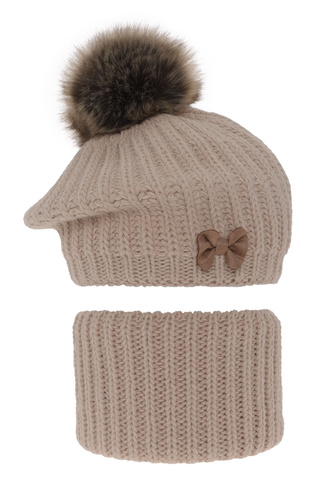 Meisjes winter set muts en buissjaal, beige, met garen pompon, Polinezja