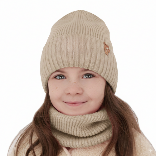 Meisjes winter set muts en buissjaal, beige, 100% Merino Wol, Nelita