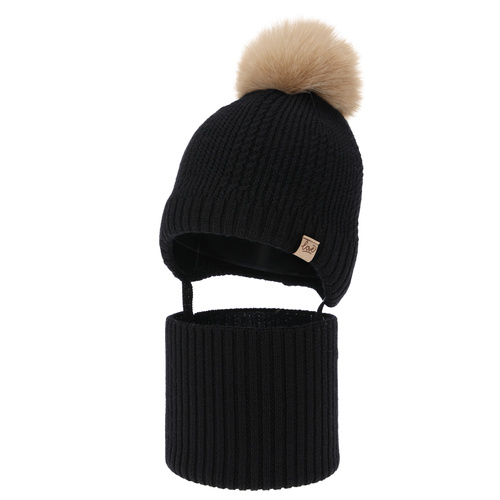 Tyttöjen talvisetti (pipo ja putkihuivi), musta, 100% Merinovilla, villafleecevuorilla, nauhoilla Danielle