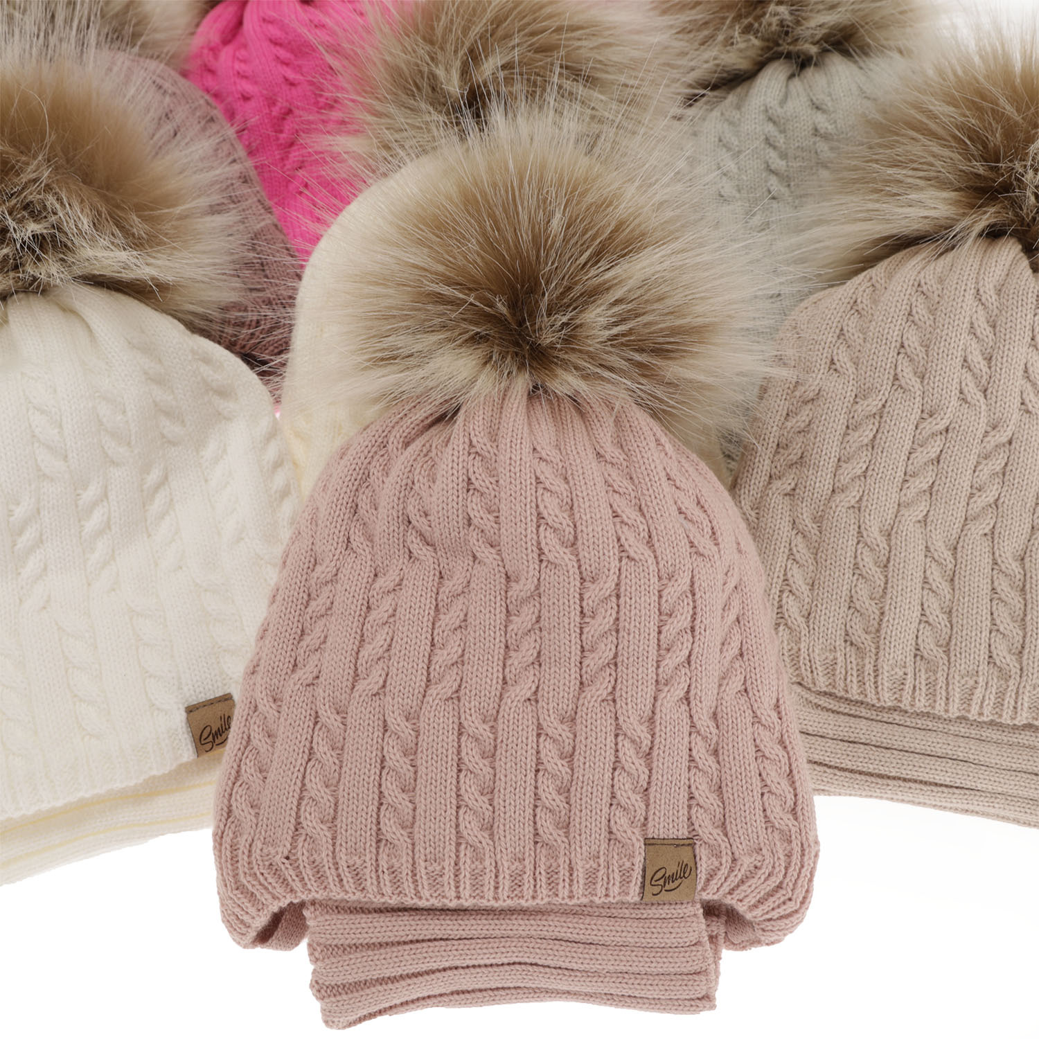 Meisjes winter set muts en sjaal, roze, met garen pompon, Loreley