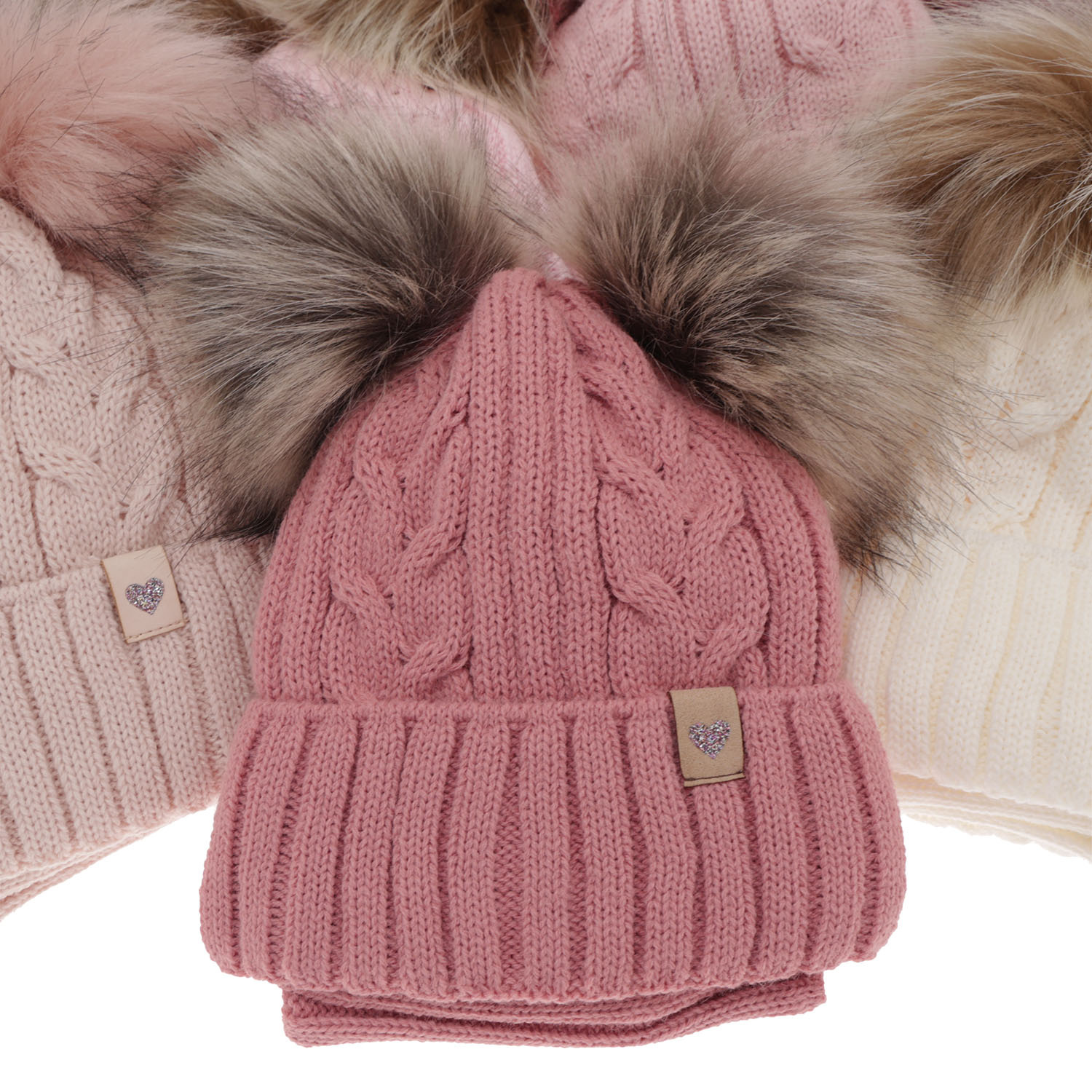 Meisjes winter set muts en buissjaal, roze, met twee pompons, Amala