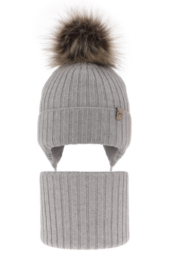 Meisjes winter set muts en buissjaal, grijs, 100% Merino Wol, met bindkoorden, Junika