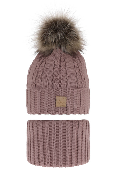 Meisjes winter set muts en buissjaal, paars, met garen pompon, Alexia