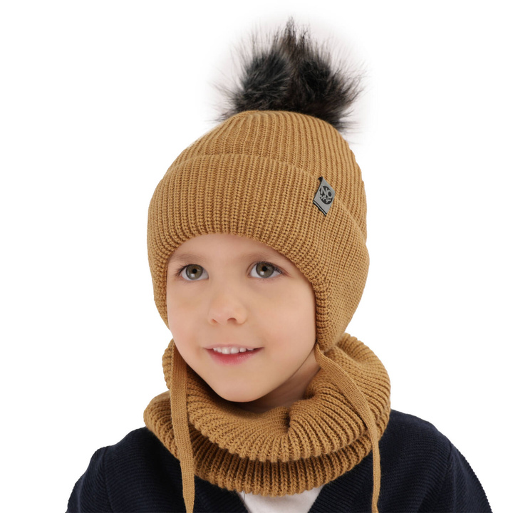 Jongens winter set, camel, met garen pompon, met bindkoorden, Honed